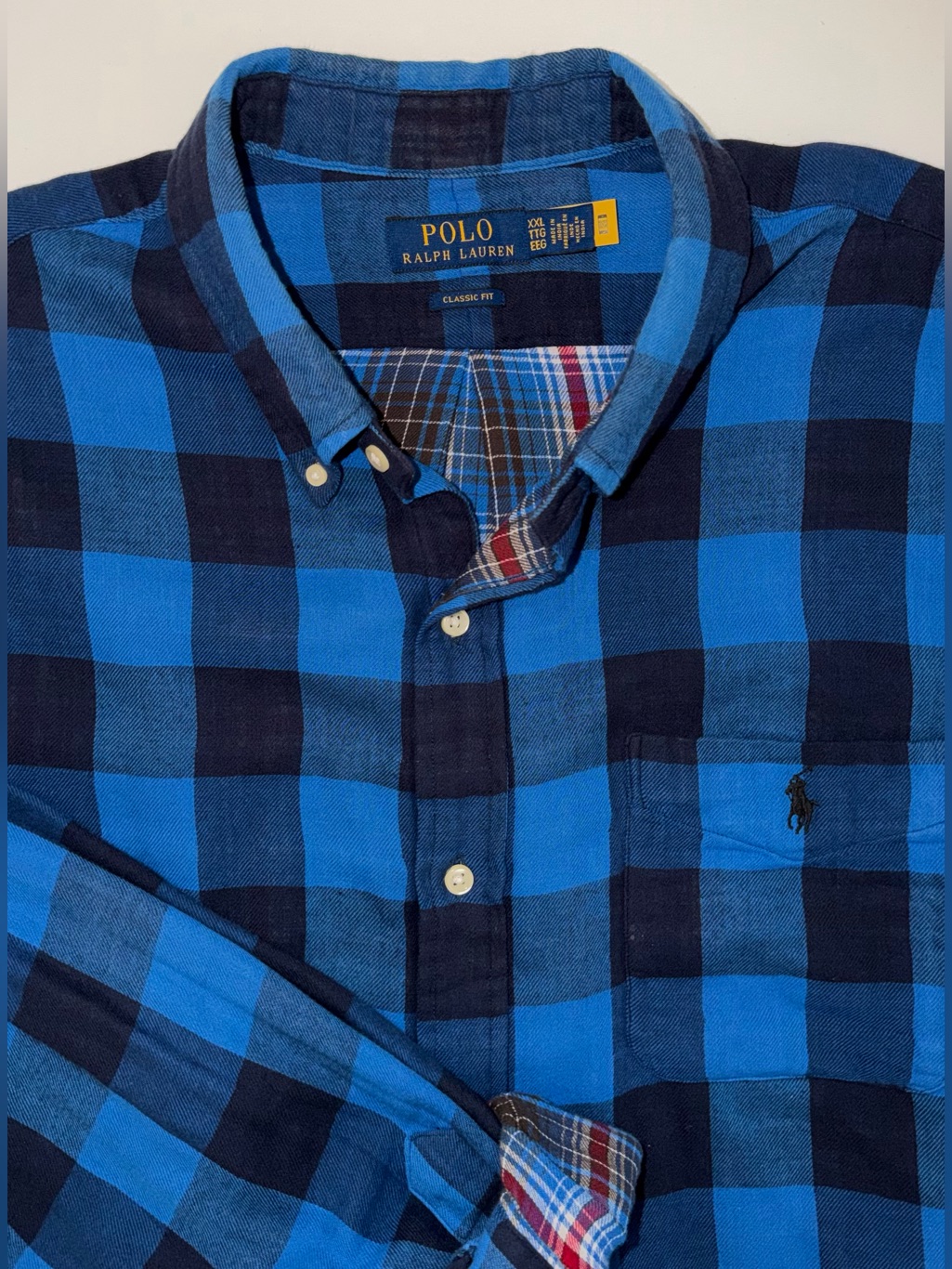 Polo Ralph Lauren Shirt Blue Plaid Double Faced Flannel Pony Pocket Mens Xxl
